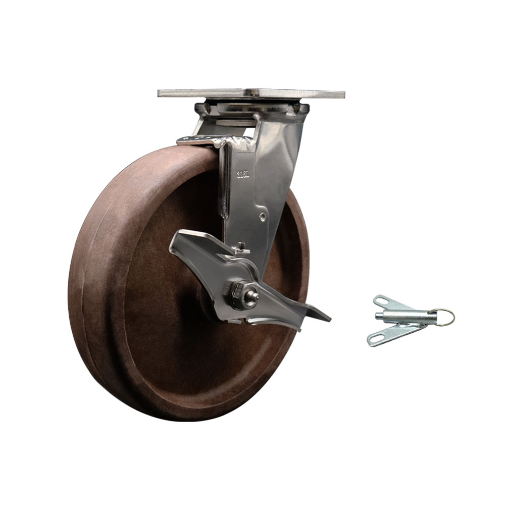 316 Stainless Steel Heavy Duty Swivel Top Plate Caster with Top Lock Brake and Bolt on Swivel Lock and 8 Inch High Temperature Glass Filled Nylon Wheel - 1,200lbs. Capacity/Caster-Service Caster Brand — photo 1