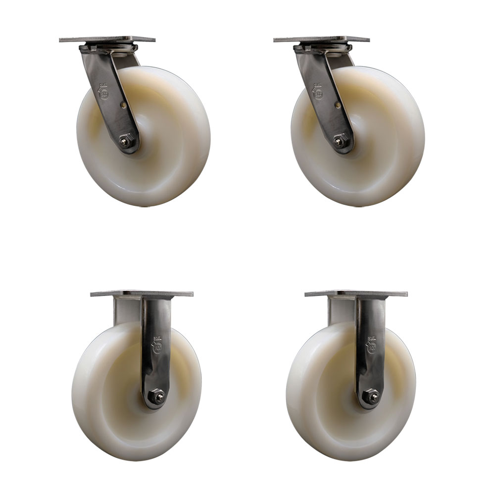 316 Stainless Steel Heavy Duty Swivel Caster Set of 4 with 8 Inch Nylon Wheels and Delrin Bearings - Includes 2 Swivel and 2 Rigid - 5,000 lbs. Total Capacity - Service Caster Brand — photo 1