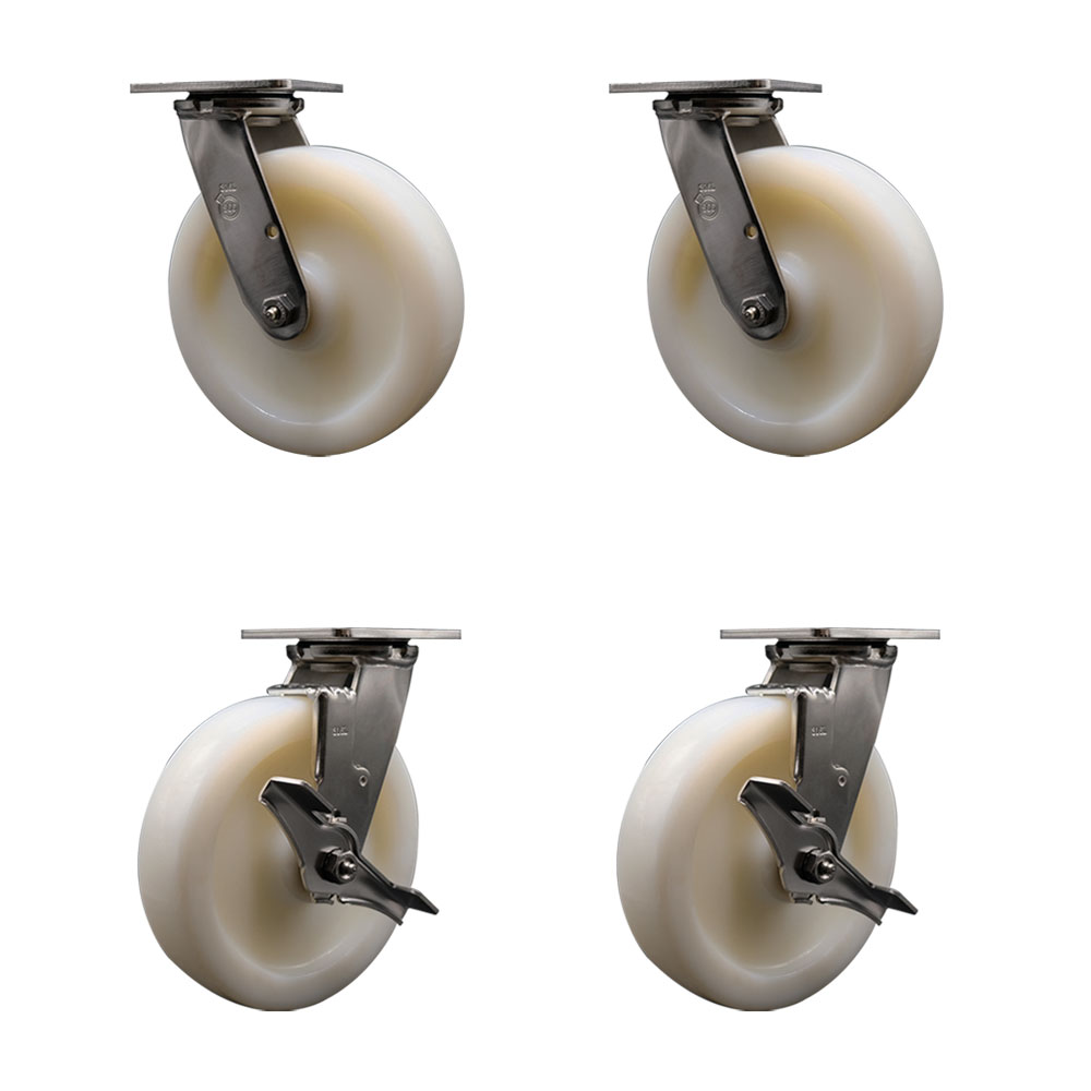 316 Stainless Steel Heavy Duty Swivel Caster Set of 4 with 8 Inch Nylon Wheels and Ball Bearings - Includes 2 Swivel with Brakes and 2 Swivel - 5,000 lbs. Total Capacity - Service Caster Brand — photo 1