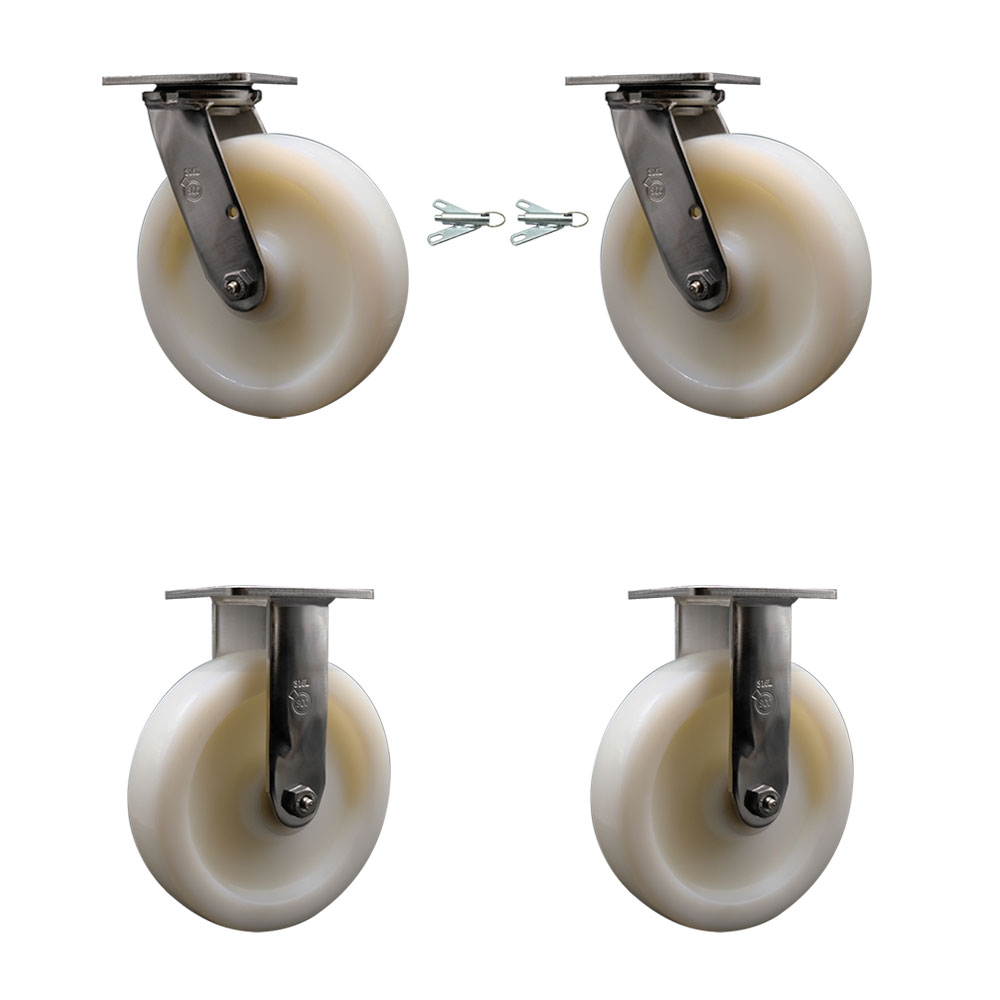 316 Stainless Steel Heavy Duty Swivel Caster Set of 4 with 8 Inch Nylon Wheels and Ball Bearings - Includes 2 Swivel with Bolt on Swivel Locks and 2 Rigid - Service Caster Brand — photo 1
