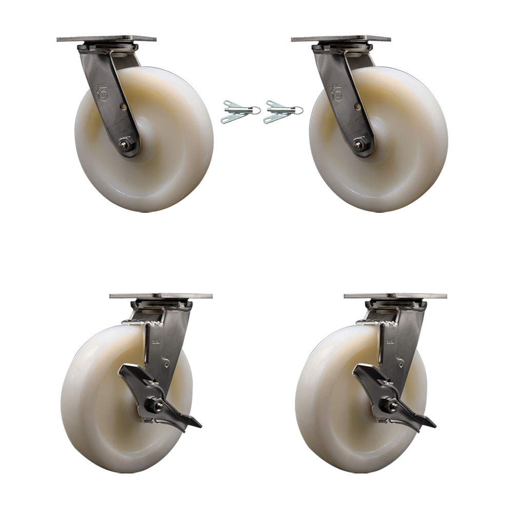 316 Stainless Steel Heavy Duty Swivel Caster Set with 8 Inch Nylon Wheels and Ball Bearings - Includes 2 Swivel with Bolt on Swivel Locks and 2 Swivel with Brakes - Service Caster Brand — photo 1