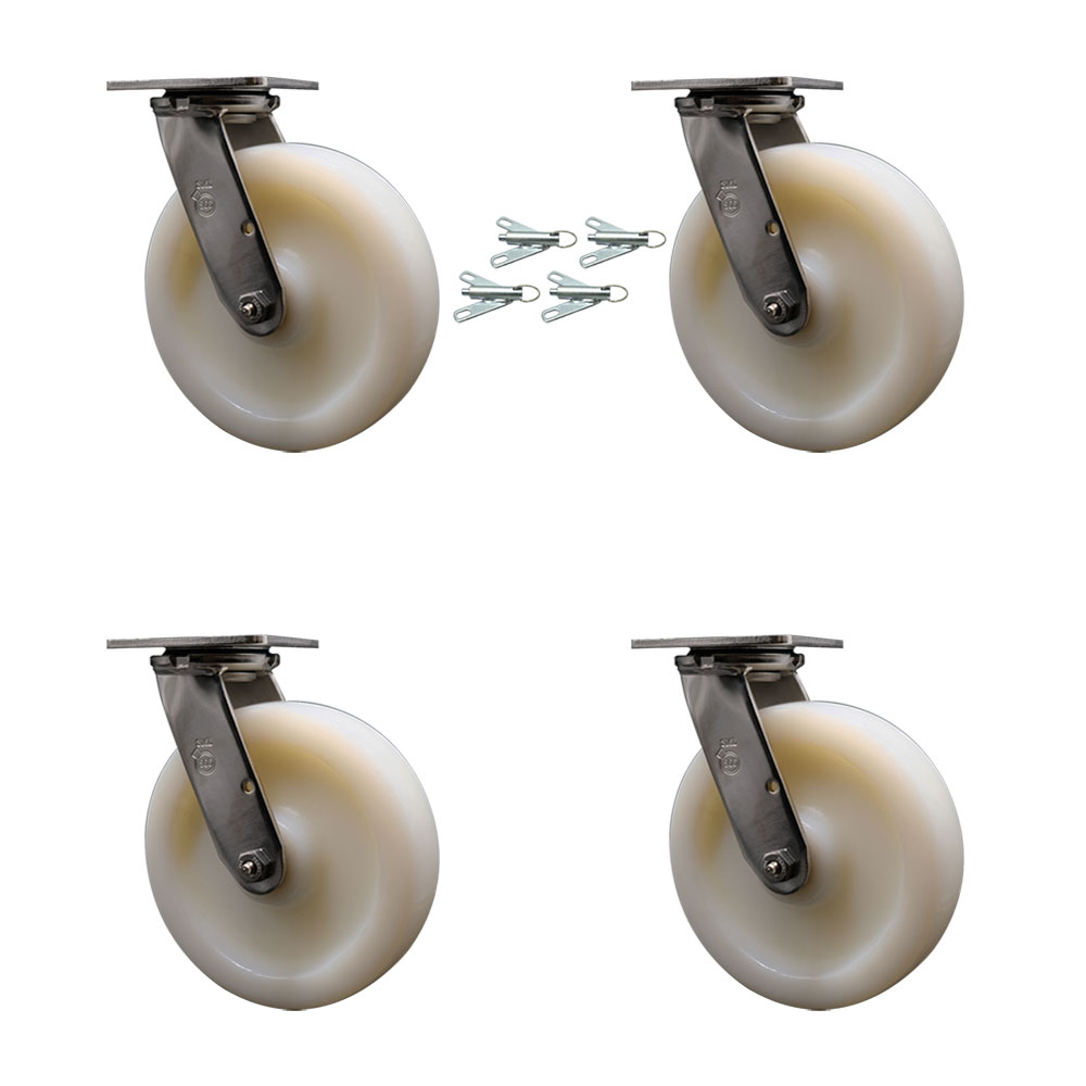 316 Stainless Steel Heavy Duty Swivel Caster Set of 4 with 8 Inch Nylon Wheels - Includes 4 Swivel with Bolt on Swivel Locks - 5,000 lbs. Total Capacity - Service Caster Brand — photo 1