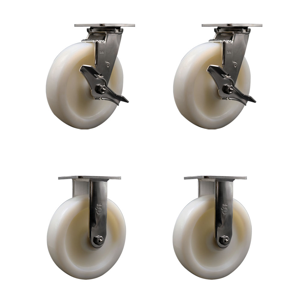 316 Stainless Steel Heavy Duty Swivel Caster Set of 4 with 8 Inch  Nylon Wheels - Includes 2 Swivel with Brakes and 2 Rigid - 5,000 lbs. Total Capacity - Service Caster Brand — photo 1