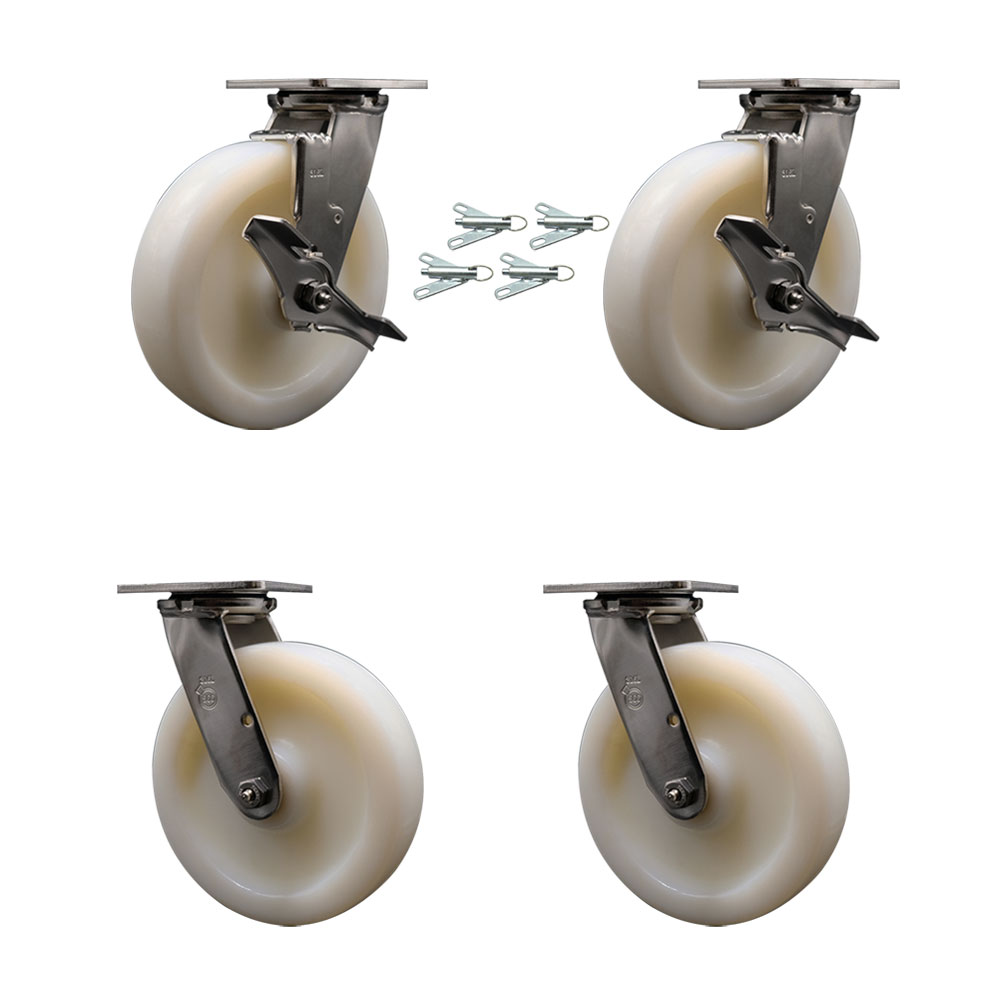 316 Stainless Heavy Duty Swivel Caster Set with 8 Inch Nylon Wheels and Delrin Bearings-Includes 2 Swivel with Brakes and Bolt on Swivel Lock and 2 Swivel with Bolt on Swivel Lock-Service Caster Brand — photo 1
