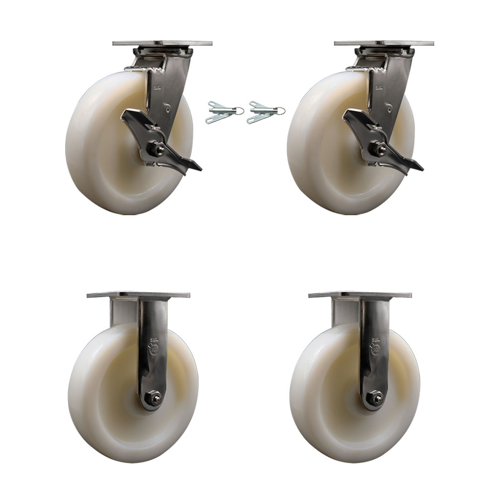 316 Stainless Steel Heavy Duty Swivel Caster Set with 8 Inch Nylon Wheels and Ball Bearings - Includes 2 Swivel with Brakes and Bolt on Swivel Locks and 2 Rigid - Service Caster Brand — photo 1