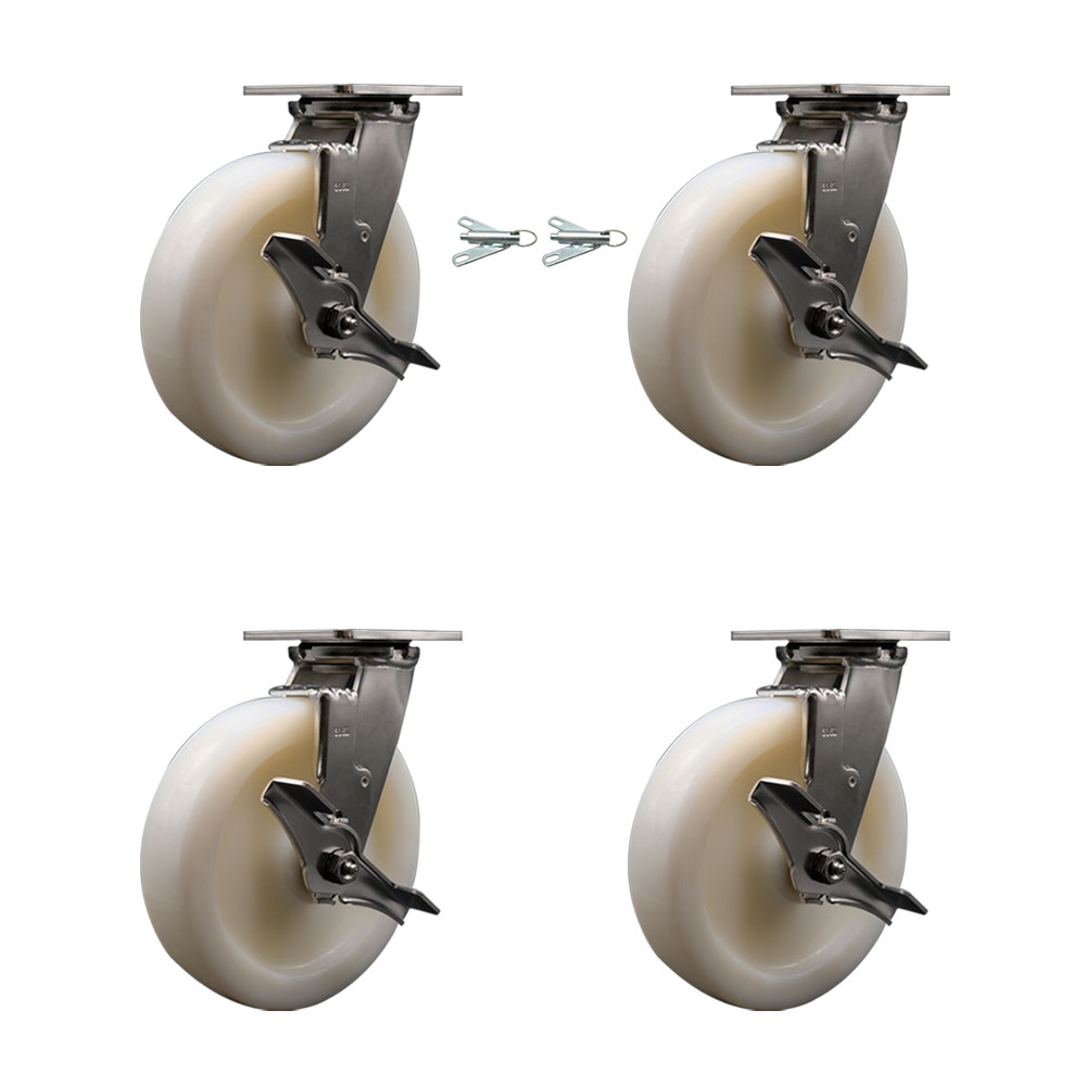 316 Stainless Steel Heavy Duty Swivel Caster Set with 8 Inch Nylon Wheels and Ball Bearings - Includes 2 Swivel with Brakes and Bolt on Swivel Locks and 2 Swivel with Brakes - Service Caster Brand — photo 1