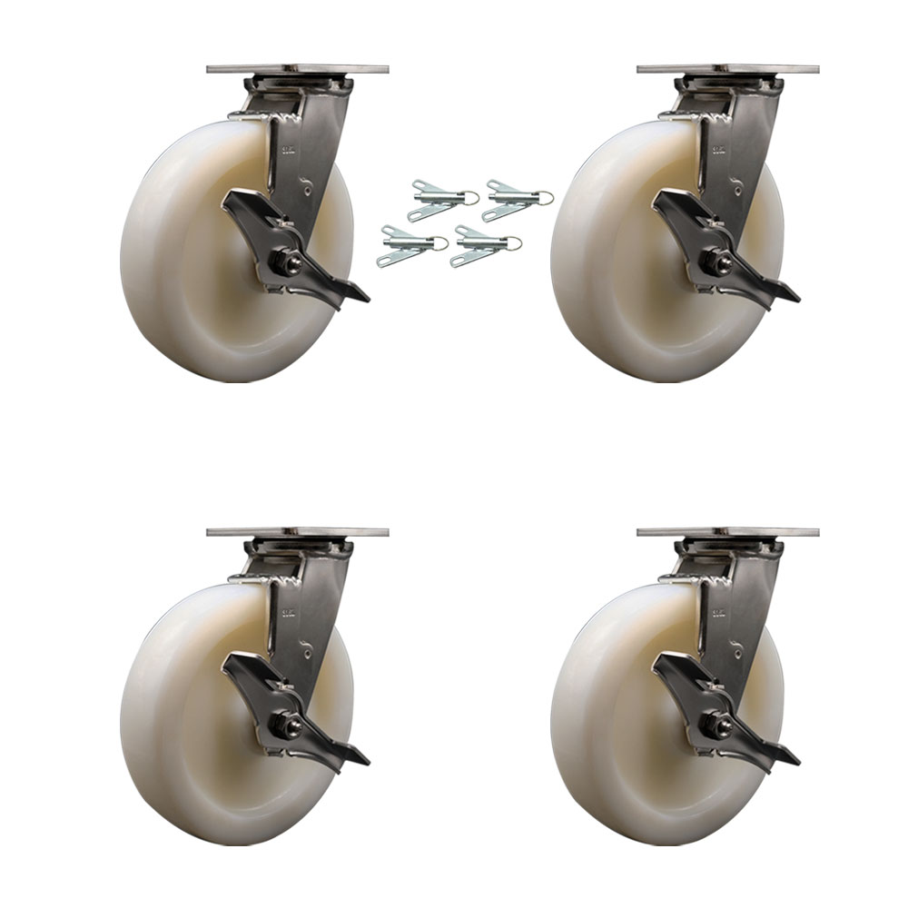 316 Stainless Steel Heavy Duty Swivel Caster Set of 4 with 8 Inch  Nylon Wheels - Includes 4 Swivel with Top Lock Brakes and Bolt on Swivel Locks - 5,000 lbs. Total Capacity - Service Caster Brand — photo 1