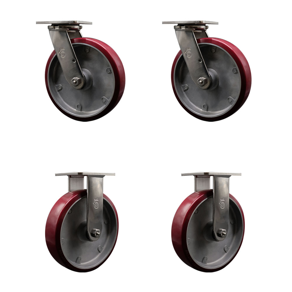 316 Stainless Steel Heavy Duty Swivel Caster Set of 4 with 8 Inch Polyurethane on Aluminum Wheels and Ball Bearings - Includes 2 Swivel and 2 Rigid - 5,000 lbs. Total Capacity - Service Caster Brand — photo 1
