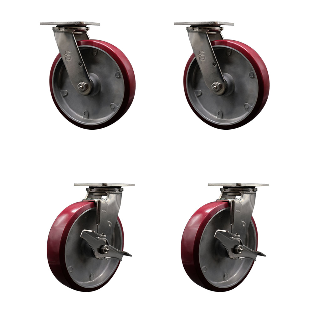 316 Stainless Steel Heavy Duty Swivel Caster Set of 4 with 8 Inch Polyurethane on Aluminum Wheels and Delrin Bearings - Includes 2 Swivel with Brakes and 2 Swivel - Service Caster Brand — photo 1