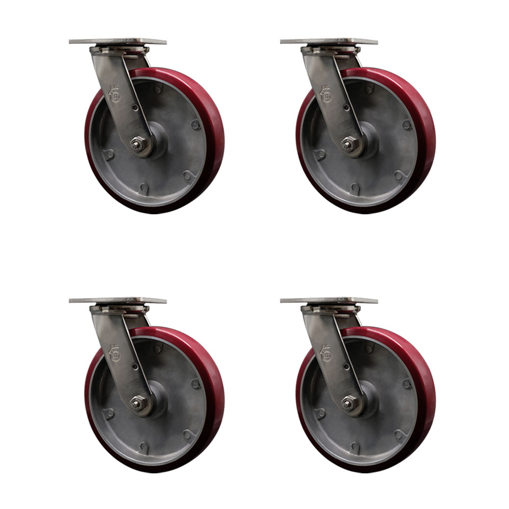 316 Stainless Steel Heavy Duty Swivel Caster Set of 4 with 8 Inch Polyurethane on Aluminum Wheels and Ball Bearings - Includes 4 Swivel - 5,000 lbs. Total Capacity - Service Caster Brand — photo 1