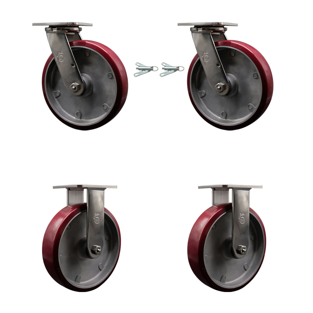316 Stainless Steel Heavy Duty Swivel Caster Set of 4 with 8 Inch Polyurethane on Aluminum Wheels - Includes 2 Swivel with Bolt on Swivel Locks and 2 Rigid - Service Caster Brand — photo 1