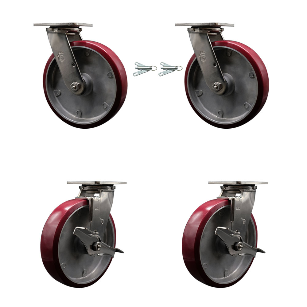 316 Stainless Steel Heavy Duty Swivel Caster Set with 8 Inch Polyurethane on Aluminum Wheels and Ball Bearings-Includes 2 Swivel with Bolt on Swivel Locks and 2 Swivel with Brakes-Service Caster Brand — photo 1
