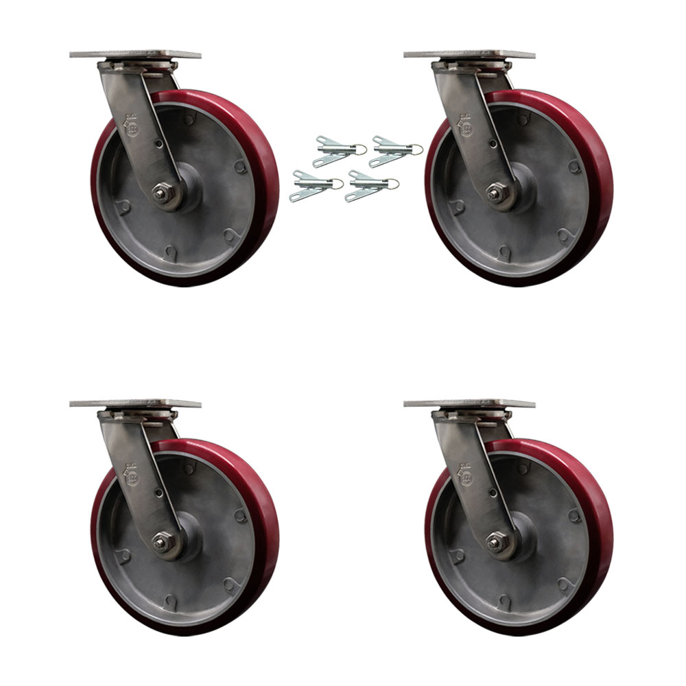 316 Stainless Steel Heavy Duty Swivel Caster Set of 4 with 8 Inch Polyurethane on Aluminum Wheels and Ball Bearings - Includes 4 Swivel with Bolt on Swivel Locks - Service Caster Brand — photo 1
