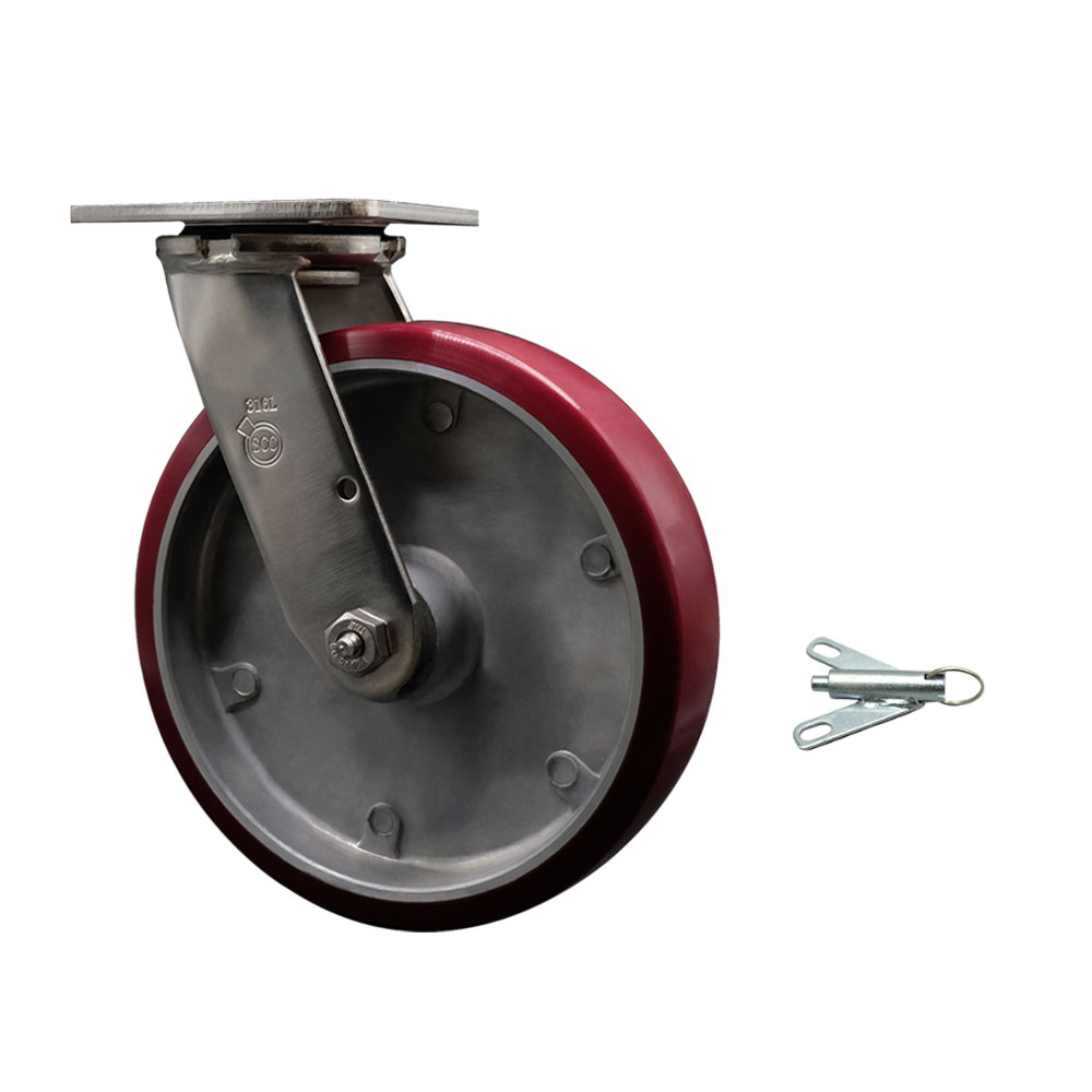 316 Stainless Steel Heavy Duty Swivel Top Plate Caster with Bolt on Swivel Lock and 8 Inch Polyurethane on Aluminum Wheel with Ball Bearings - 1,250 lbs. Capacity/Caster - Service Caster Brand — photo 1