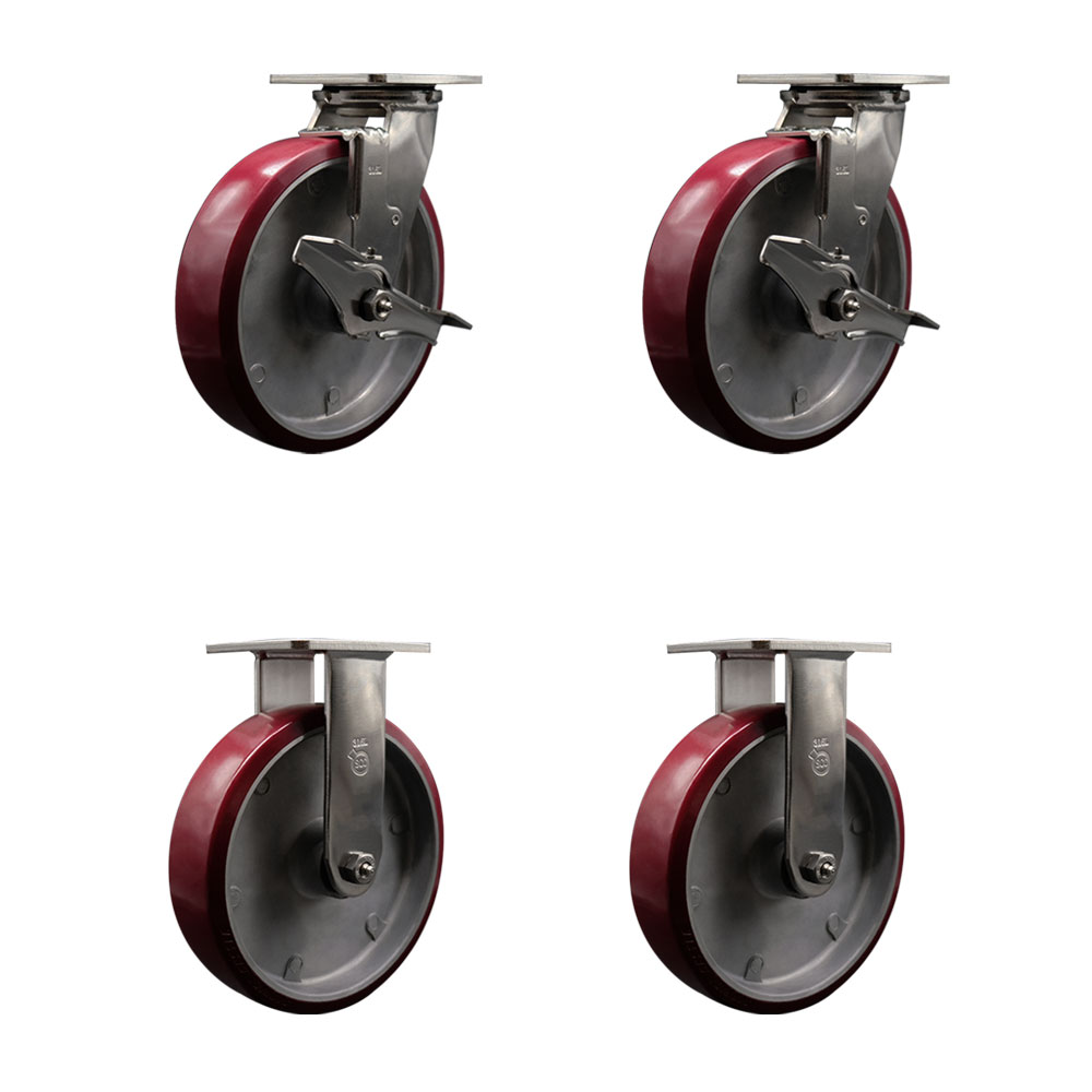 316 Stainless Steel Heavy Duty Swivel Caster Set of 4 with 8 Inch Polyurethane on Aluminum Wheels - Includes 2 Swivel with Brakes and 2 Rigid - 5,000 lbs. Total Capacity - Service Caster Brand — photo 1