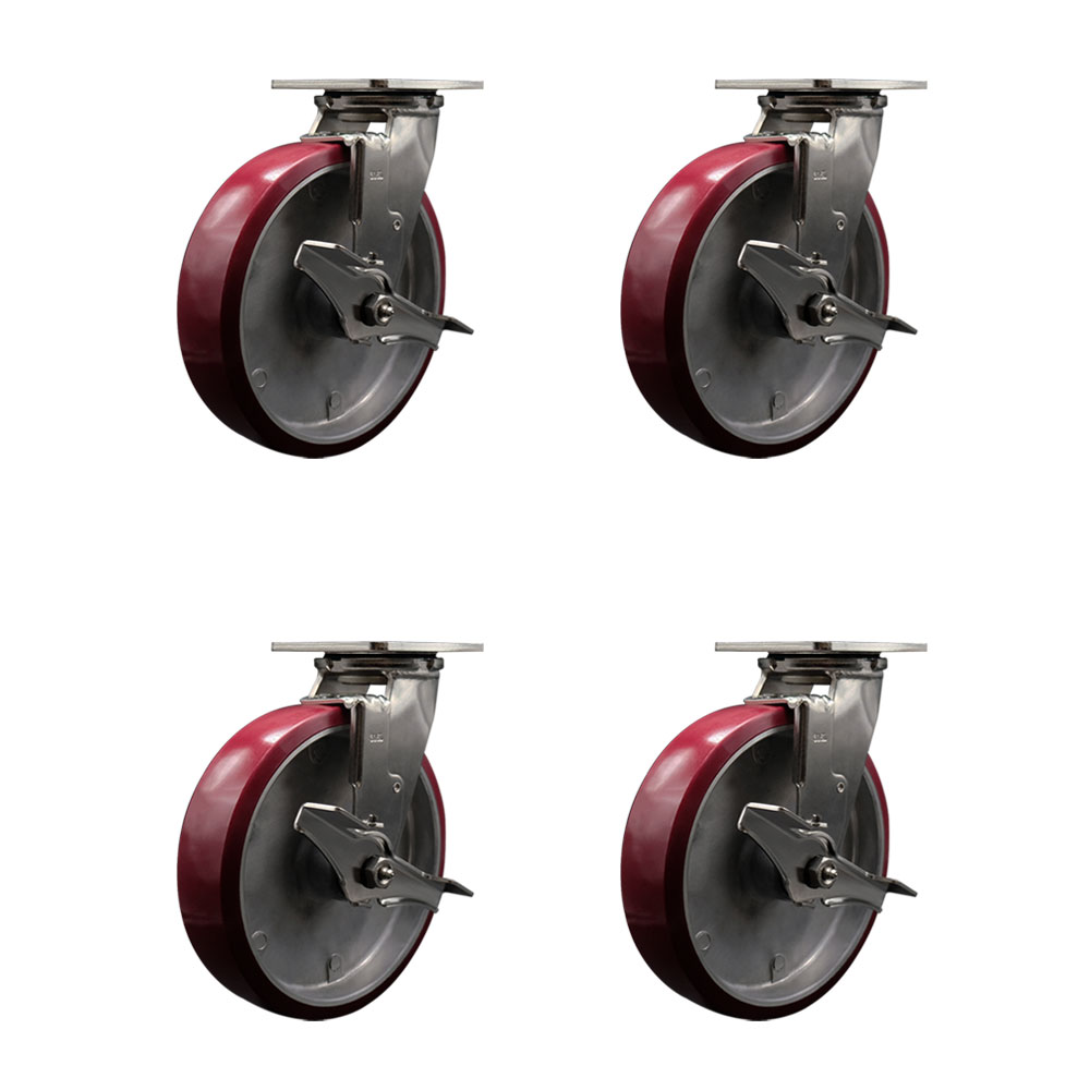 316 Stainless Steel Heavy Duty Swivel Caster Set of 4 with 8 Inch Polyurethane on Aluminum Wheels and Ball Bearings - Includes 4 Swivel with Top Lock Brakes - Service Caster Brand — photo 1