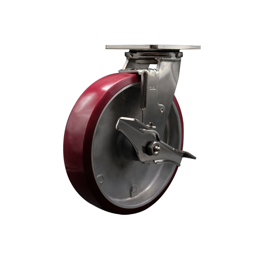 316 Stainless Steel Heavy Duty Swivel Top Plate Caster with Top Lock Brake and 8 Inch Polyurethane on Aluminum Wheel with Ball Bearings - 1,250 lbs. Capacity/Caster - Service Caster Brand — photo 1