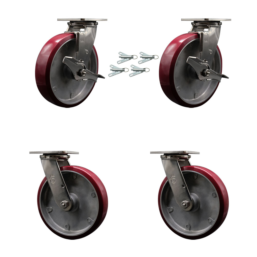 316 Stainless Heavy Duty Swivel Caster Set with 8 Inch Poly on Aluminum Wheels - Includes 2 Swivel with Brakes & Bolt on Swivel Locks and 2 Swivel with Bolt on Swivel Locks - Service Caster Brand — photo 1