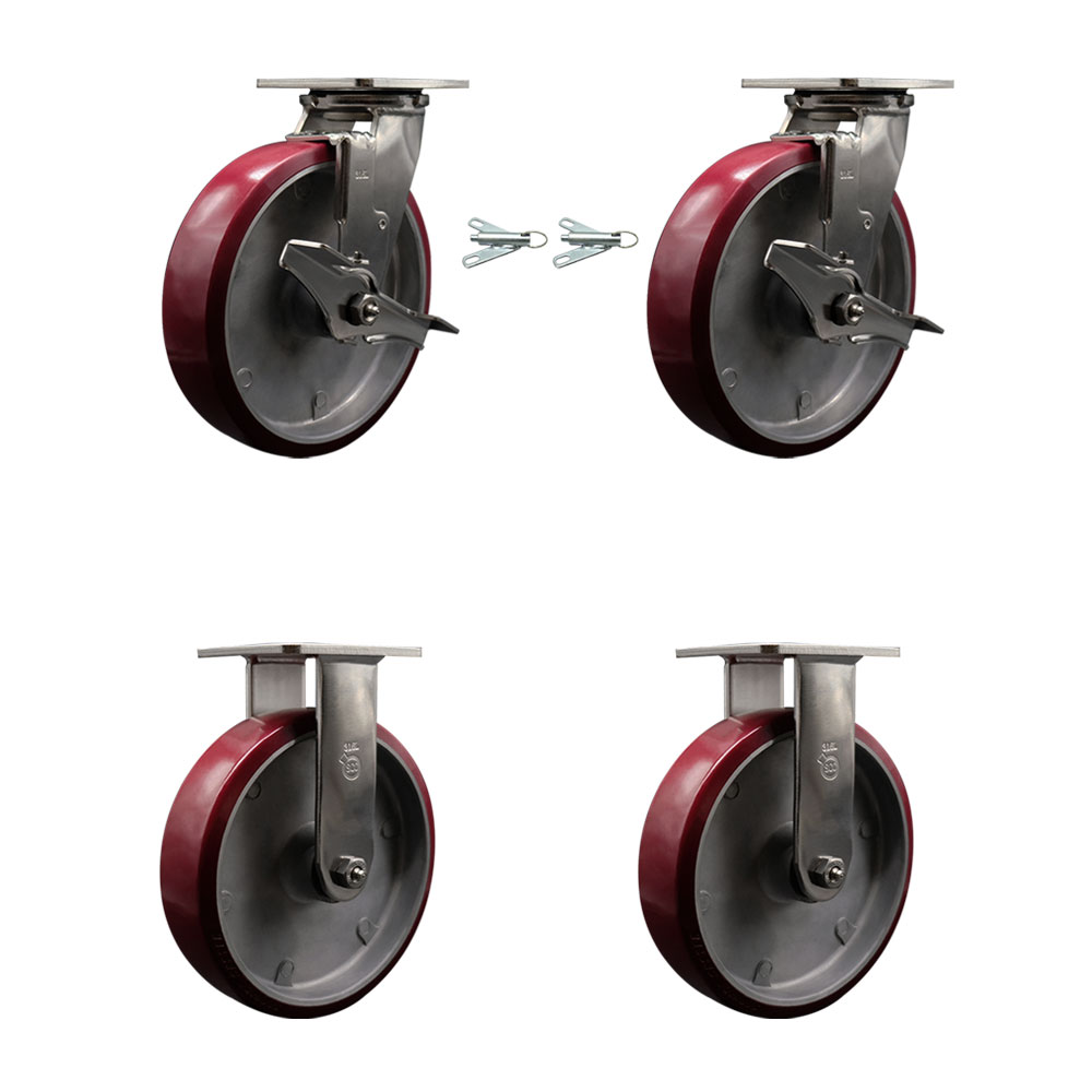 316 Stainless Steel Heavy Duty Swivel Caster Set with 8 Inch Polyurethane on Aluminum Wheels and Delrin Bearings-Includes 2 Swivel with Brakes and Bolt on Swivel Locks and 2 Rigid-Service Caster Brand — photo 1