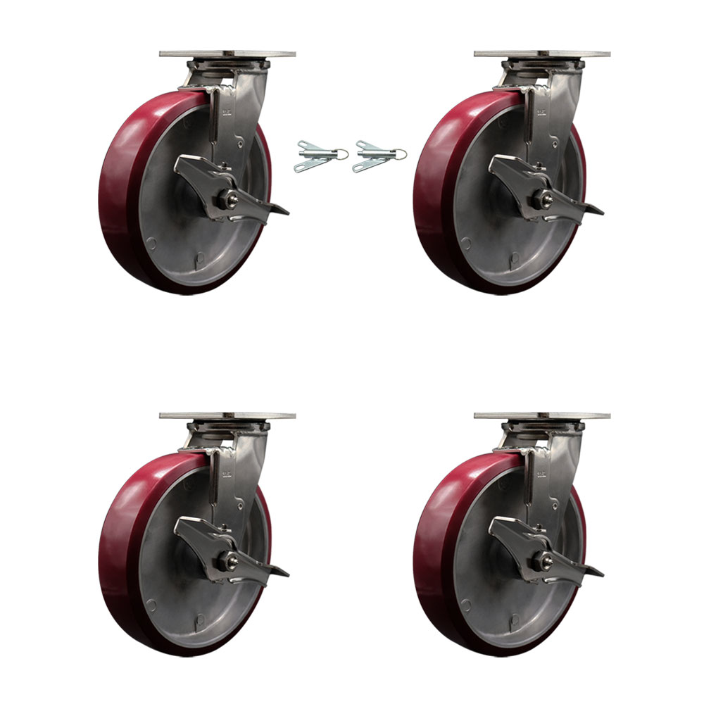 316 Stainless Steel Heavy Duty Swivel Caster Set with 8 Inch Polyurethane on Aluminum Wheels and Ball Bearing-Include 2 Swivel w/Brake and Bolt on Swivel Lock and 2 Swivel w/Brake-Service Caster Brand — photo 1