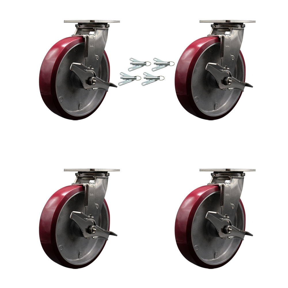 316 Stainless Steel Heavy Duty Swivel Caster Set of 4 with 8 Inch Polyurethane on Aluminum Wheels and Delrin Bearings-Include 4 Swivel with Top Lock Brakes and Bolt on Swivel Lock-Service Caster Brand — photo 1