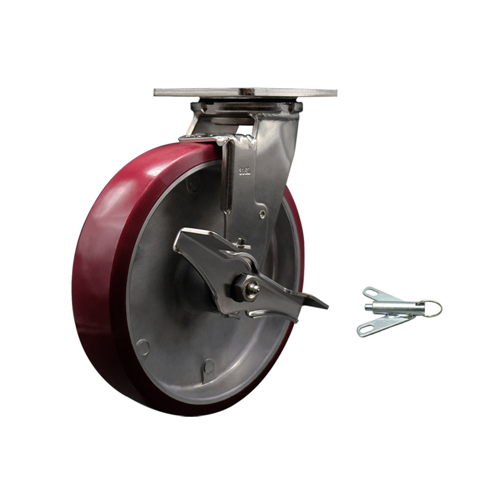 316 Stainless Steel Heavy Duty Swivel Top Plate Caster with Top Lock Brake and Bolt on Swivel Lock and 8 Inch Polyurethane on Aluminum Wheel with Delrin Bearings - Service Caster Brand — photo 1