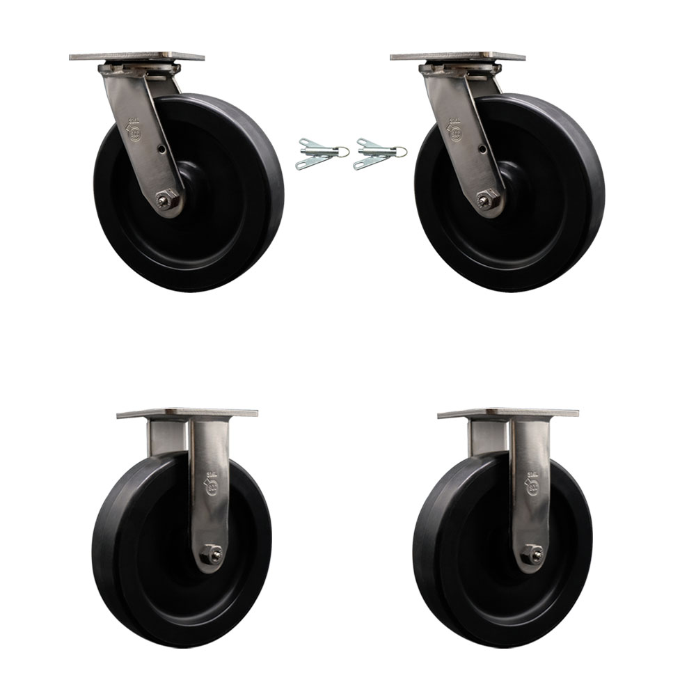 316 Stainless Steel Heavy Duty Swivel Caster Set of 4 with 8 Inch Polyolefin Wheels - Includes 2 Swivel with Bolt on Swivel Locks and 2 Rigid - 3,600 lbs. Total Capacity - Service Caster Brand — photo 1