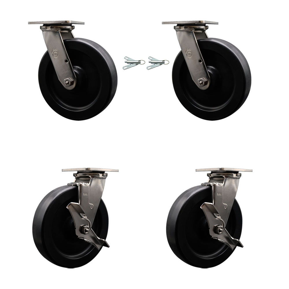 316 Stainless Steel Heavy Duty Swivel Caster Set with 8 Inch Polyolefin Wheels and Ball Bearings - Includes 2 Swivel with Bolt on Swivel Locks and 2 Swivel with Brakes - Service Caster Brand — photo 1