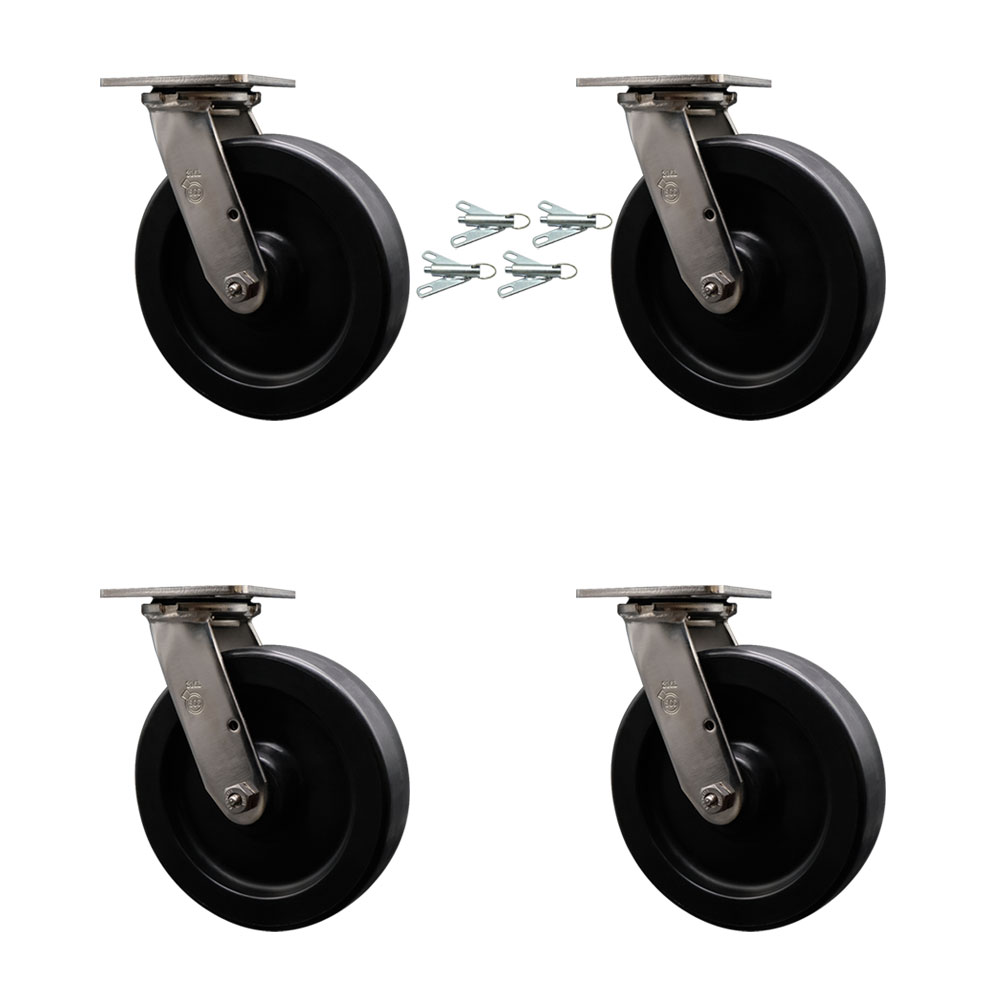316 Stainless Steel Heavy Duty Swivel Caster Set of 4 with 8 Inch Polyolefin Wheels and Delrin Bearings - Includes 4 Swivel with Bolt on Swivel Locks - Service Caster Brand — photo 1