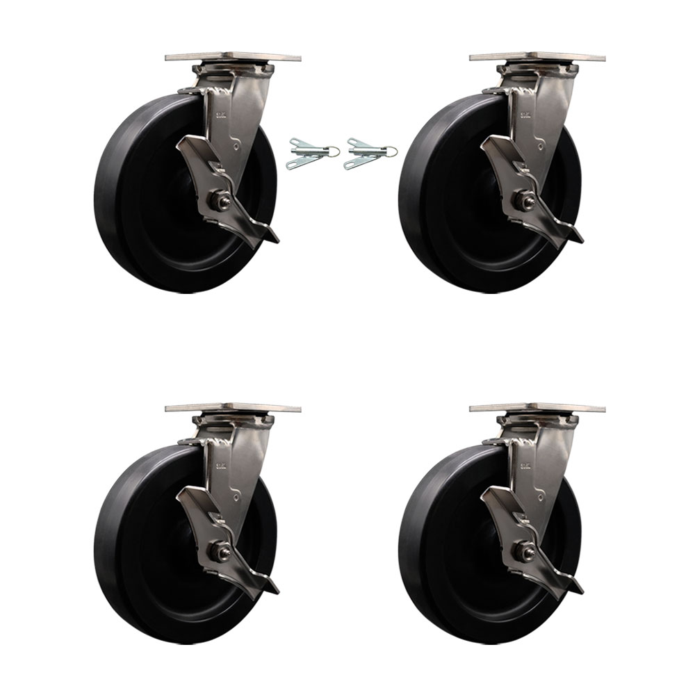 316 Stainless Steel Heavy Duty Swivel Caster Set with 8 Inch Polyolefin Wheels - Includes 2 Swivel with Brakes and Bolt on Swivel Locks and 2 Swivel with Brakes - Service Caster Brand — photo 1