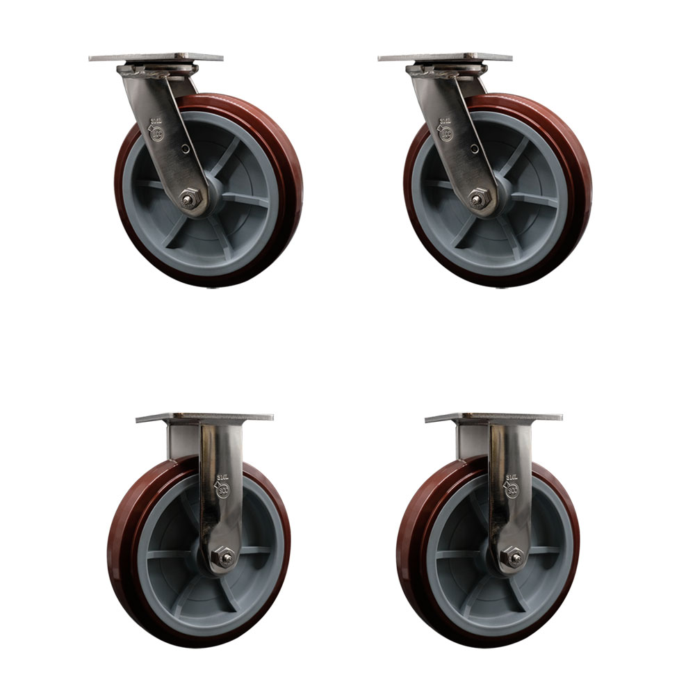 316 Stainless Steel Heavy Duty Swivel Caster Set of 4 with 8 Inch Polyurethane Wheels - Includes 2 Swivel and 2 Rigid - 4,000 lbs. Total Capacity - Service Caster Brand — photo 1