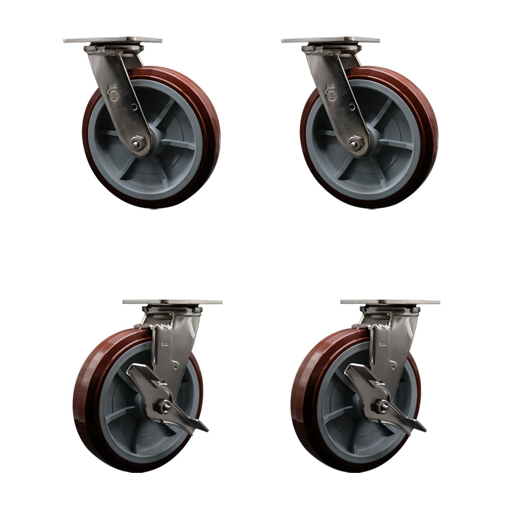 316 Stainless Steel Heavy Duty Swivel Caster Set of 4 with 8 Inch Polyurethane Wheels and Delrin Bearings - Includes 2 Swivel with Brakes and 2 Swivel - 4,000 lbs. Total Capacity- Service Caster Brand — photo 1