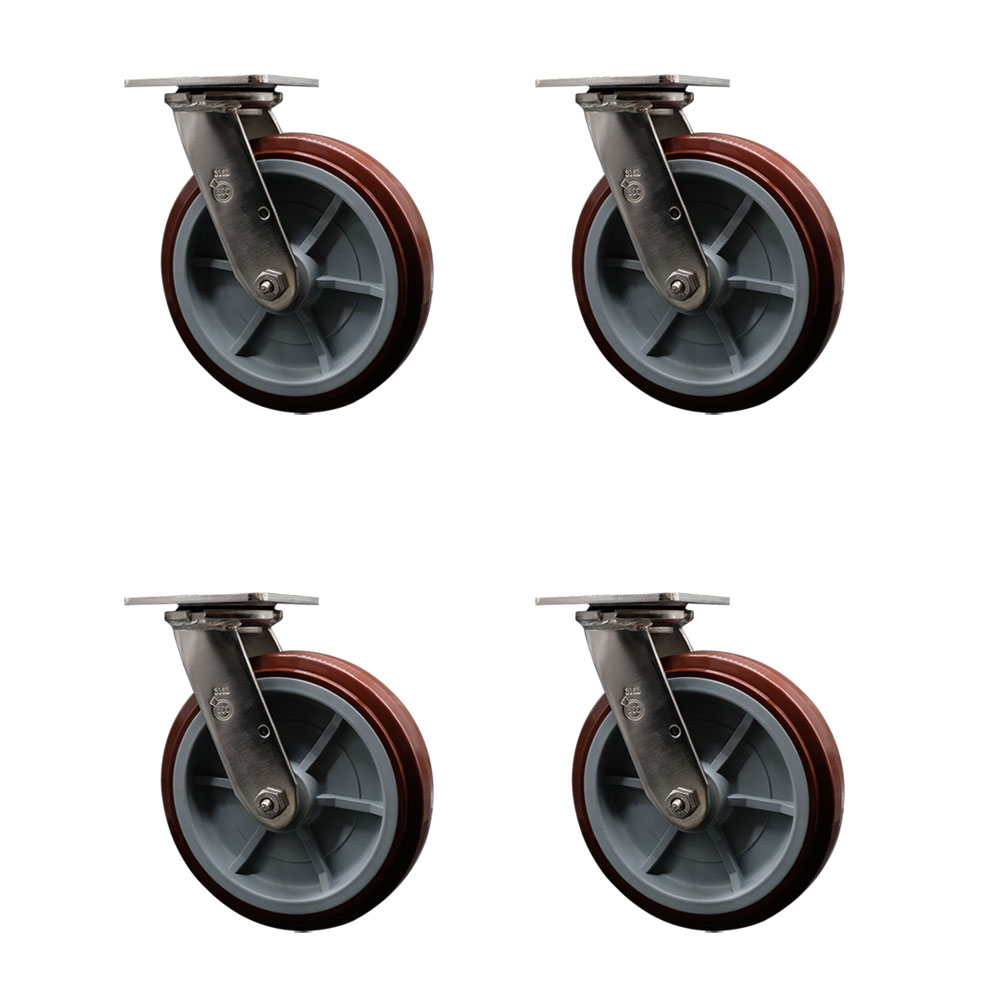 316 Stainless Steel Heavy Duty Swivel Caster Set of 4 with 8 Inch Polyurethane Wheels and Delrin Bearings - Includes 4 Swivel - 4,000 lbs. Total Capacity - Service Caster Brand — photo 1