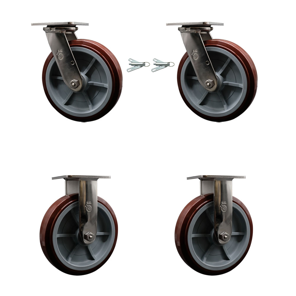 316 Stainless Steel Heavy Duty Swivel Caster Set of 4 with 8 Inch Polyurethane Wheels - Includes 2 Swivel with Bolt on Swivel Locks and 2 Rigid - 4,000 lbs. Total Capacity - Service Caster Brand — photo 1