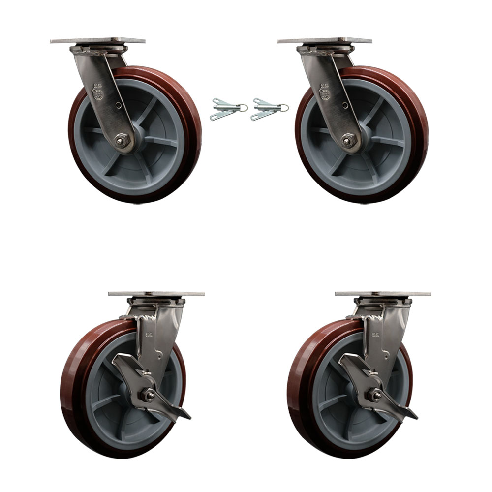 316 Stainless Steel Heavy Duty Swivel Caster Set with 8 Inch Polyurethane Wheels and Ball Bearings - Includes 2 Swivel with Bolt on Swivel Locks and 2 Swivel with Brakes - Service Caster Brand — photo 1