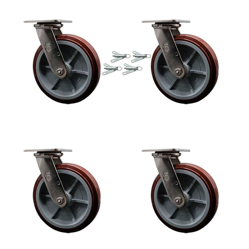 316 Stainless Steel Heavy Duty Swivel Caster Set of 4 with 8 Inch Polyurethane Wheels - Includes 4 Swivel with Bolt on Swivel Locks - 4,000 lbs. Total Capacity - Service Caster Brand — photo 1