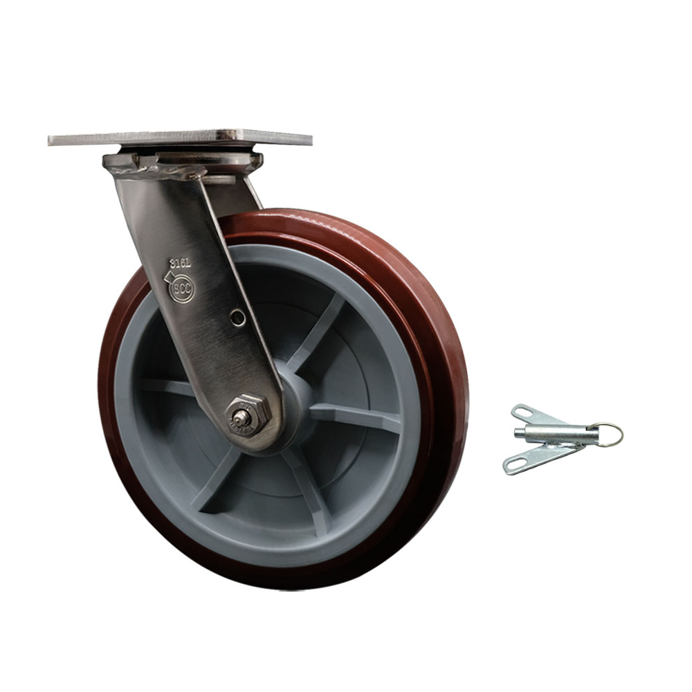 316 Stainless Steel Heavy Duty Swivel Top Plate Caster with Bolt on Swivel Lock and 8 Inch Polyurethane Wheel with Delrin Bearings - 1,000 lbs. Capacity/Caster - Service Caster Brand — photo 1