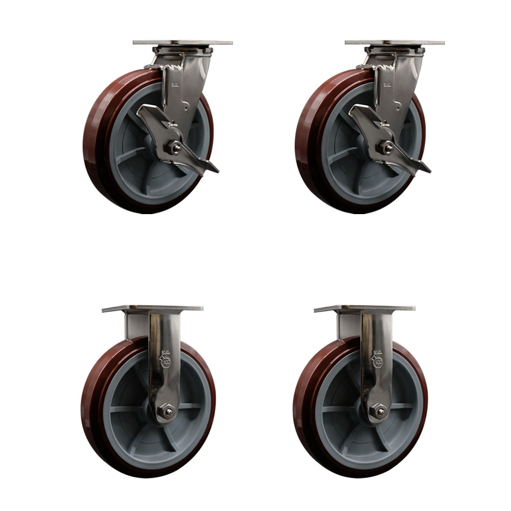 316 Stainless Steel Heavy Duty Swivel Caster Set of 4 with 8 Inch Polyurethane Wheels and Delrin Bearings - Includes 2 Swivel with Brakes and 2 Rigid - 4,000 lbs. Total Capacity - Service Caster Brand — photo 1