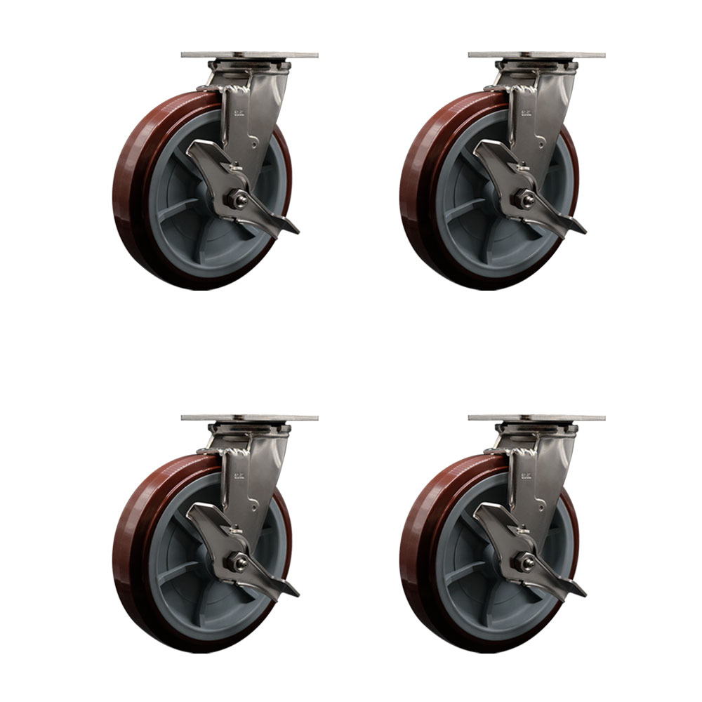 316 Stainless Steel Heavy Duty Swivel Caster Set of 4 with 8 Inch Polyurethane Wheels - Includes 4 Swivel with Top Lock Brakes - 4,000 lbs. Total Capacity - Service Caster Brand — photo 1