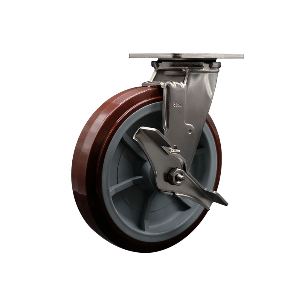 316 Stainless Steel Heavy Duty Swivel Top Plate Caster with Top Lock Brake and 8 Inch Polyurethane Wheel with Delrin Bearings - 1,000 lbs. Capacity/Caster - Service Caster Brand — photo 1