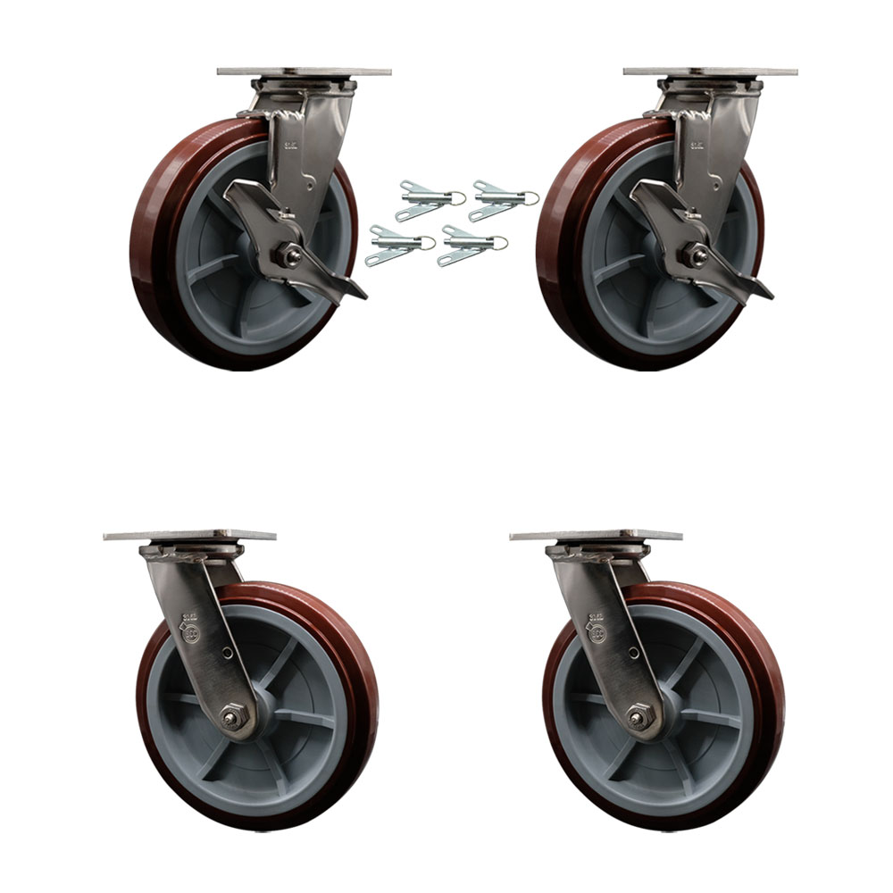 316 Stainless Heavy Duty Swivel Caster Set with 8 Inch Polyurethane Wheels - Includes 2 Swivel with Brakes and Bolt on Swivel Locks and 2 Swivel with Bolt on Swivel Locks - Service Caster Brand — photo 1