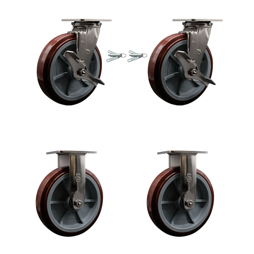 316 Stainless Steel Heavy Duty Swivel Caster Set with 8 Inch Polyurethane Wheels - Includes 2 Swivel with Brakes and Bolt on Swivel Locks and 2 Rigid - 4,000 lbs. Total Capacity - Service Caster Brand — photo 1