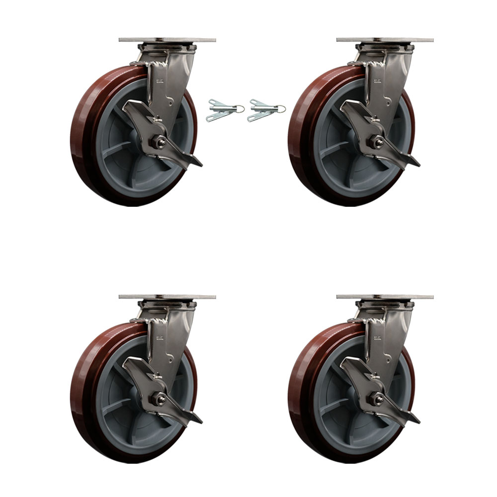 316 Stainless Steel Heavy Duty Swivel Caster Set with 8 Inch Polyurethane Wheels - Includes 2 Swivel with Brakes and Bolt on Swivel Locks and 2 Swivel with Brakes - Service Caster Brand — photo 1