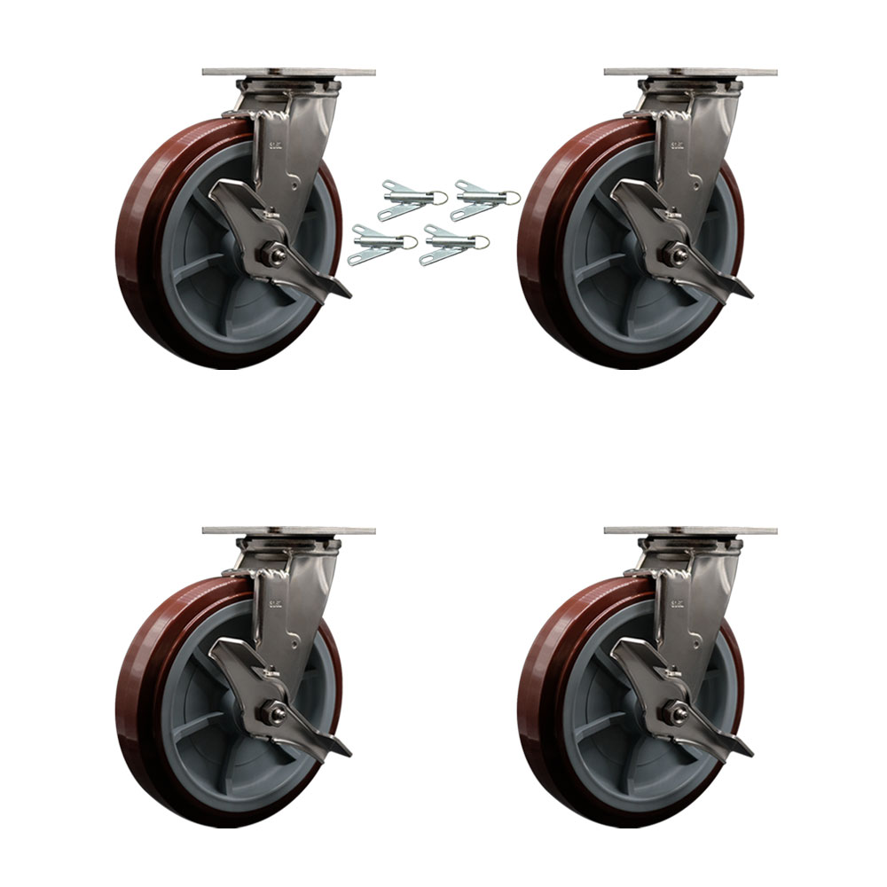 316 Stainless Steel Heavy Duty Swivel Caster Set of 4 with 8 Inch Polyurethane Wheels and Ball Bearings - Includes 4 Swivel with Top Lock Brakes and Bolt on Swivel Locks - Service Caster Brand — photo 1