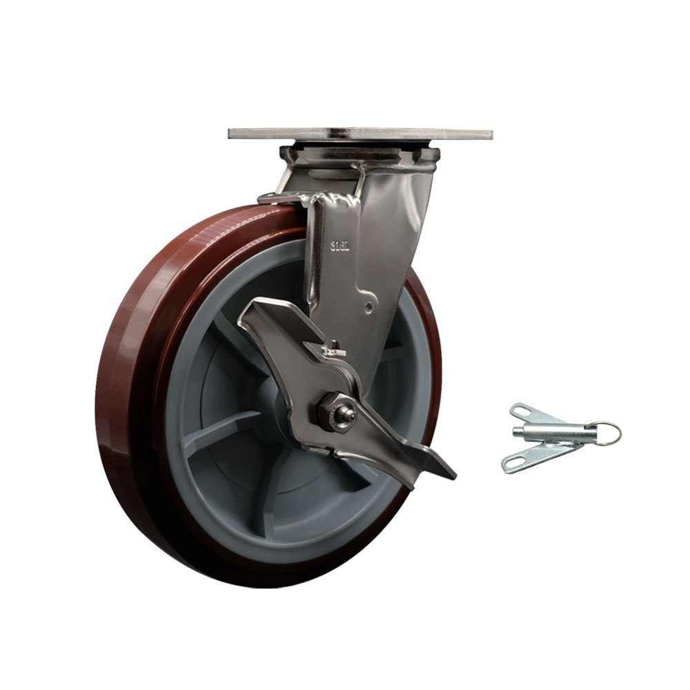 316 Stainless Steel Heavy Duty Swivel Top Plate Caster with Top Lock Brake and Bolt on Swivel Lock and 8 Inch Polyurethane Wheel with Delrin Bearings - 1,000lbs. Capacity/Caster - Service Caster Brand — photo 1