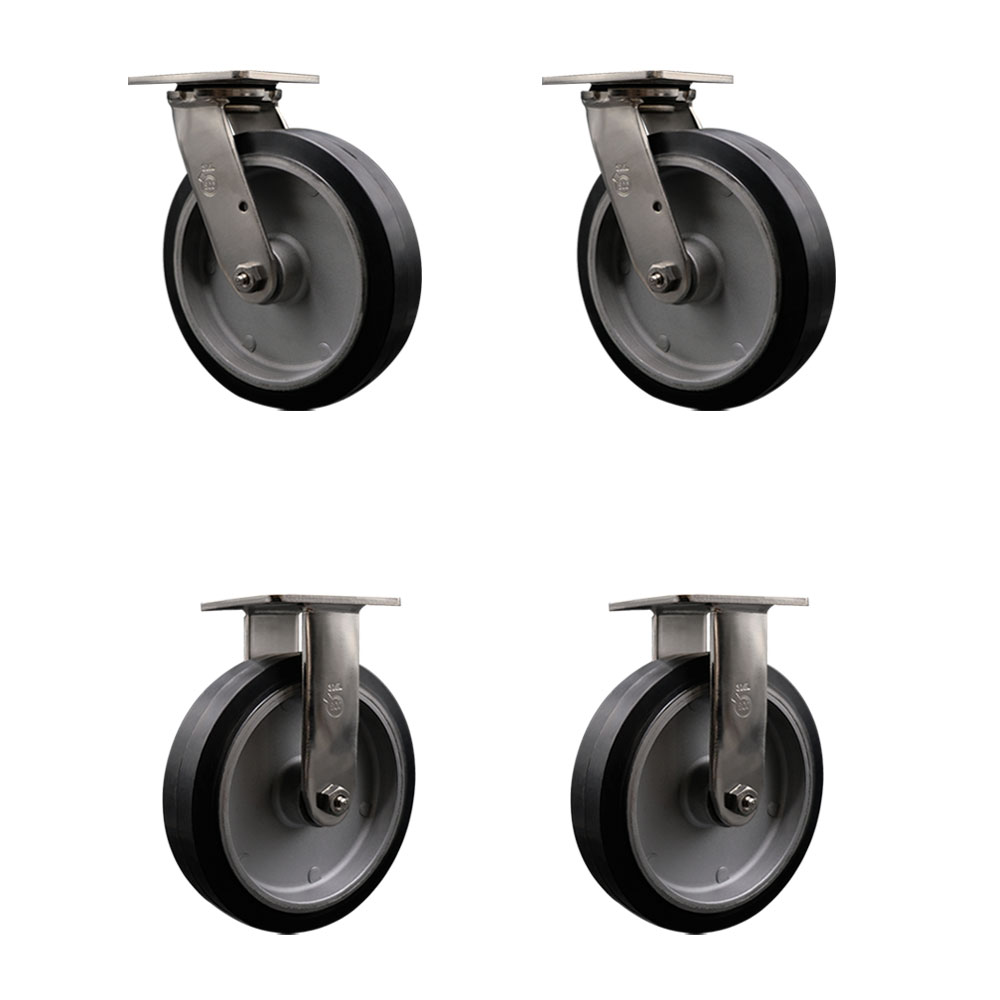 316 Stainless Steel Heavy Duty Swivel Caster Set of 4 with 8 Inch Rubber on Aluminum Wheels - Includes 2 Swivel and 2 Rigid - 2,400 lbs. Total Capacity - Service Caster Brand — photo 1
