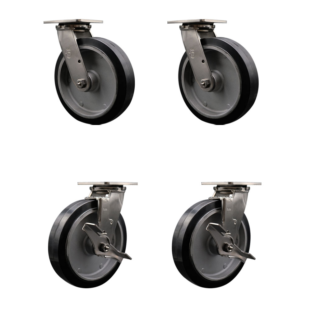 316 Stainless Steel Heavy Duty Swivel Caster Set of 4 with 8 Inch Rubber on Aluminum Wheels and Ball Bearings - Includes 2 Swivel with Brakes and 2 Swivel - Service Caster Brand — photo 1