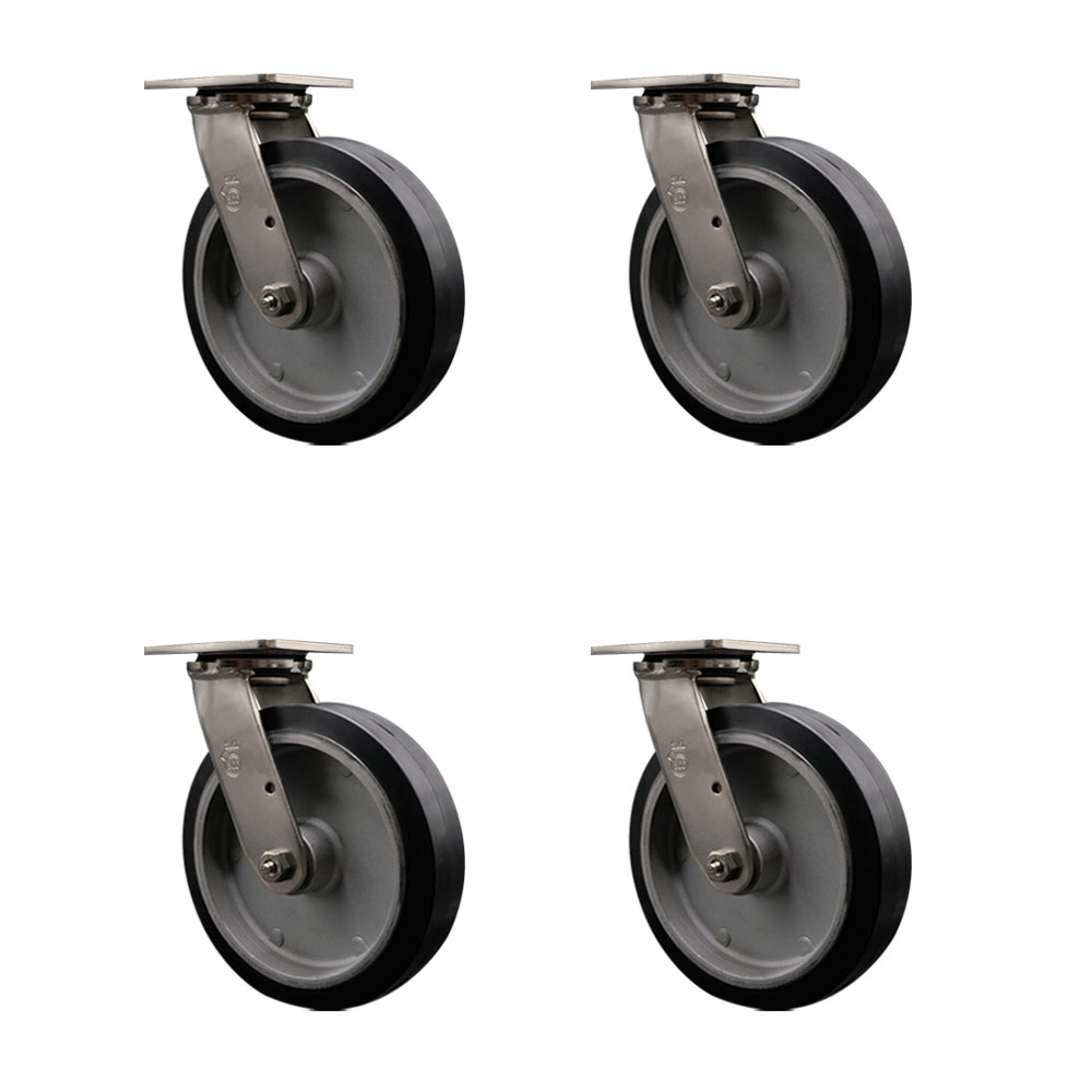 316 Stainless Steel Heavy Duty Swivel Caster Set of 4 with 8 Inch Rubber on Aluminum Wheels and Delrin Bearings - Includes 4 Swivel - 2,400 lbs. Total Capacity - Service Caster Brand — photo 1