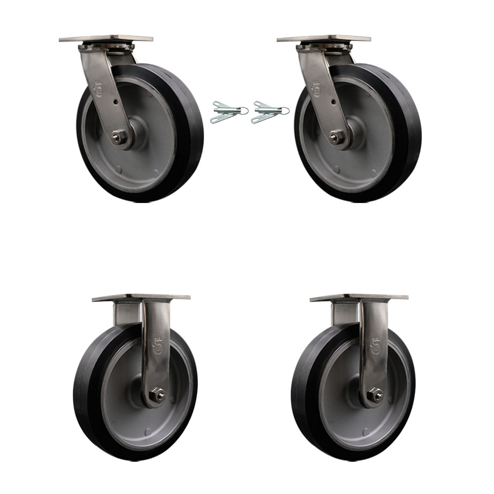 316 Stainless Steel Heavy Duty Swivel Caster Set of 4 with 8 Inch Rubber on Aluminum Wheels and Delrin Bearings - Includes 2 Swivel with Bolt on Swivel Locks and 2 Rigid - Service Caster Brand — photo 1
