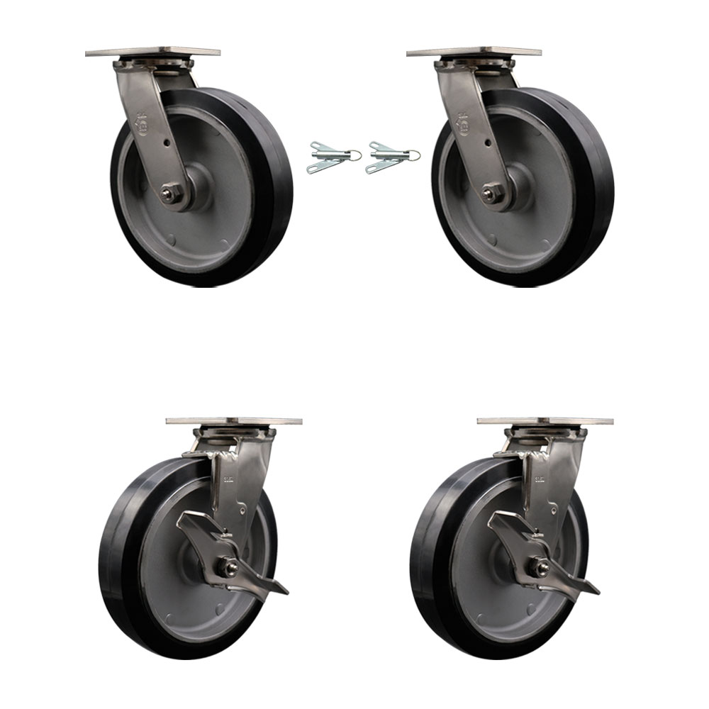 316 Stainless Steel Heavy Duty Swivel Caster Set with 8 Inch Rubber on Aluminum Wheels and Delrin Bearings - Includes 2 Swivel with Bolt on Swivel Locks and 2 Swivel with Brakes - Service Caster Brand — photo 1